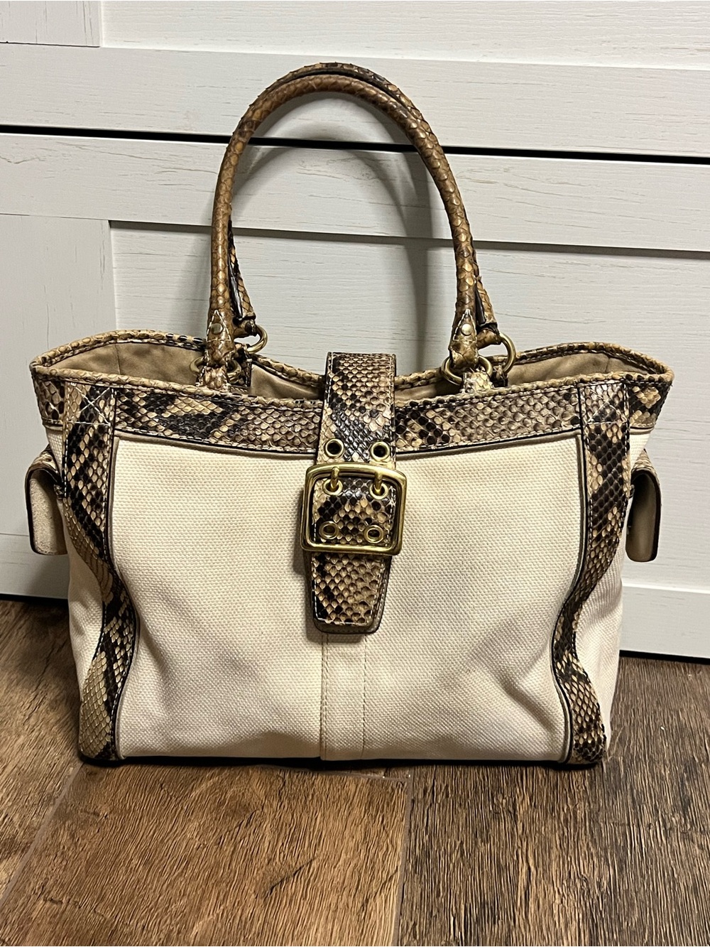 Vintage Coach Canvas Python Trim Boxy Tote Satchel Bag